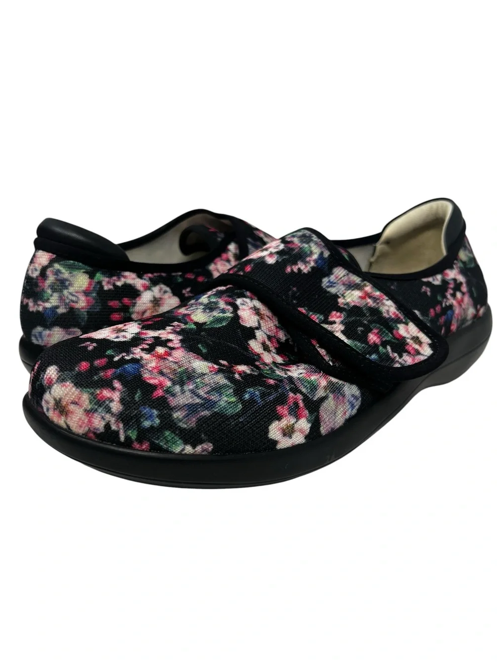 Alegria Floral Mary Jane Flats in Black with Pink Accents